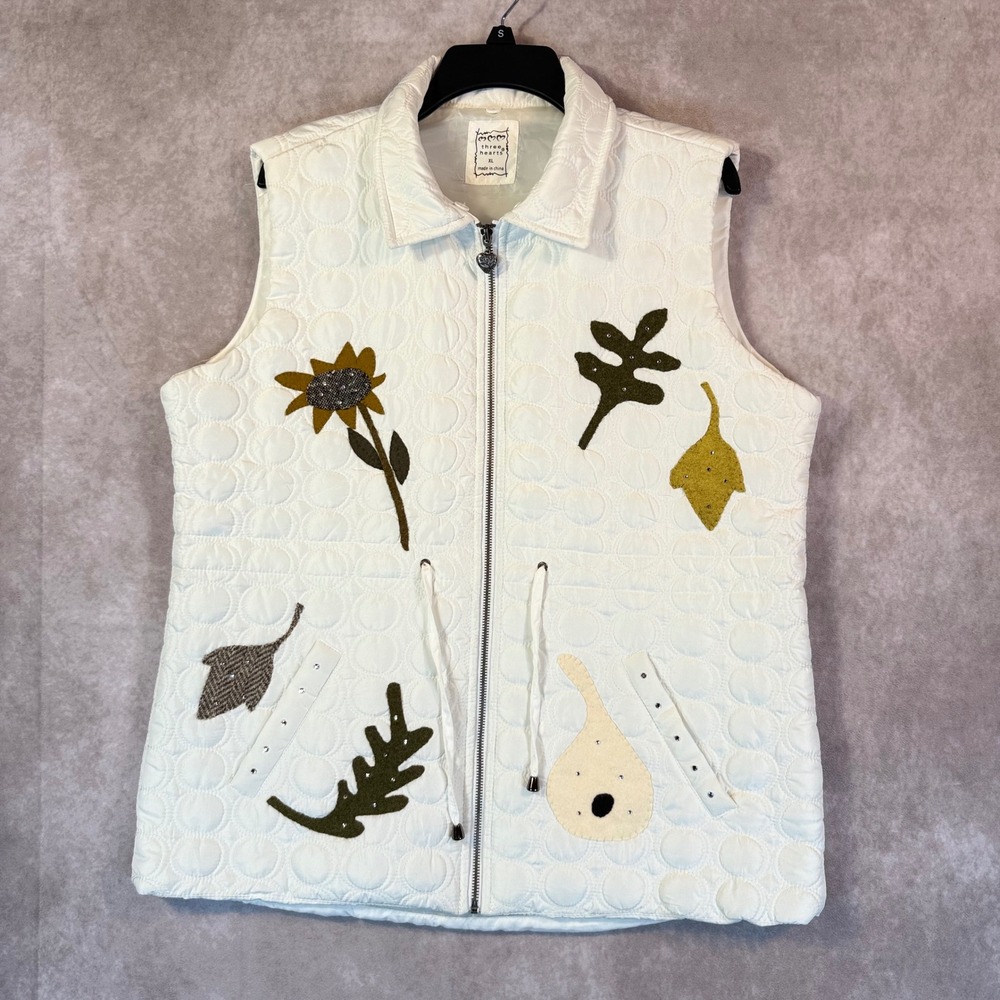 Three Hearts Quilted Vest Women XL White Floral Fall Applique Sleeveless Jacket